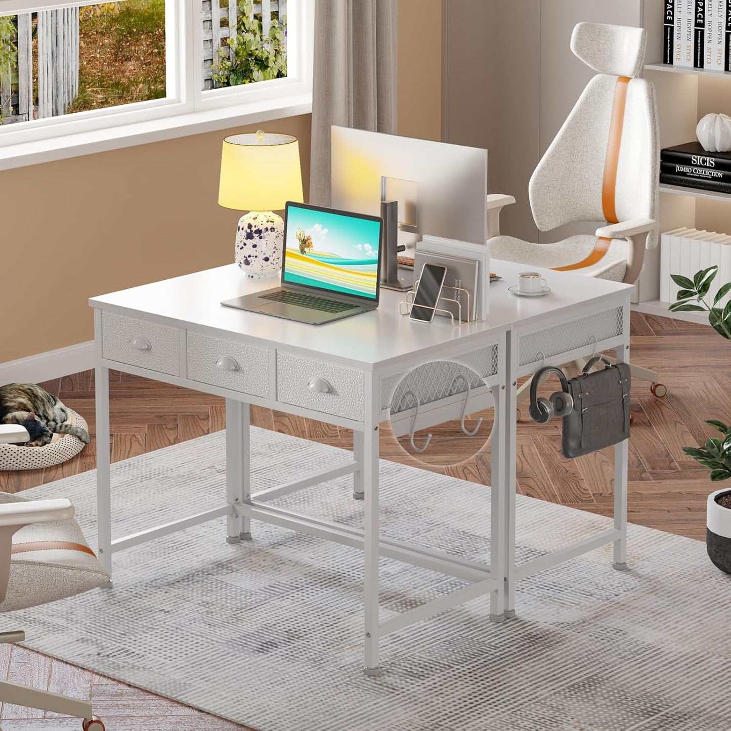 Furologee White Small Computer Desk with 3 Fabric Drawers,40 Inch Simple Table Home Office Writing,Vanity Desk with Hooks, Study Desk for Bedroom Small Spaces