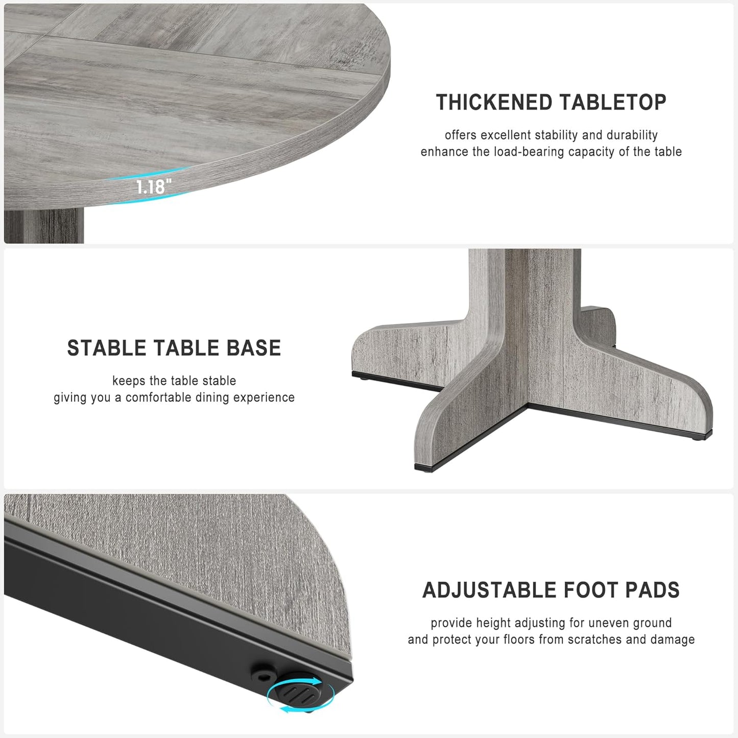 GarveeHome Round Dining Table for 4, 47 Inch Farmhouse Circle Kitchen Table with Wood Tabletop and Stable Base, for Home Dining Room Living Room, Grey (Only Table)