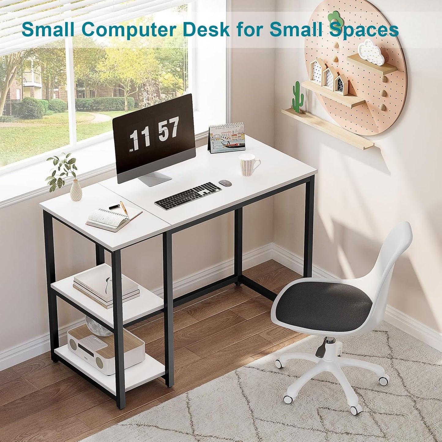 SINPAID Computer Desk 47 inches with 2-Tier Shelves Sturdy Home Office Desk with Large Storage Space Modern Gaming Desk Study Writing Laptop Table, White Desk