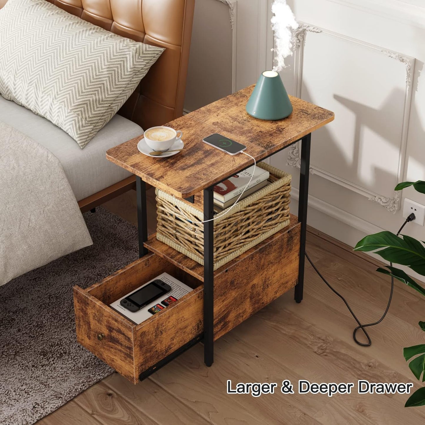 LIDYUK End Table with Charging Station, Narrow Side Table with Drawer and USB Ports & Power Outlets, Nightstand Bedside Tables for Small Spaces, Bedroom, Living Room, Rustic Brown