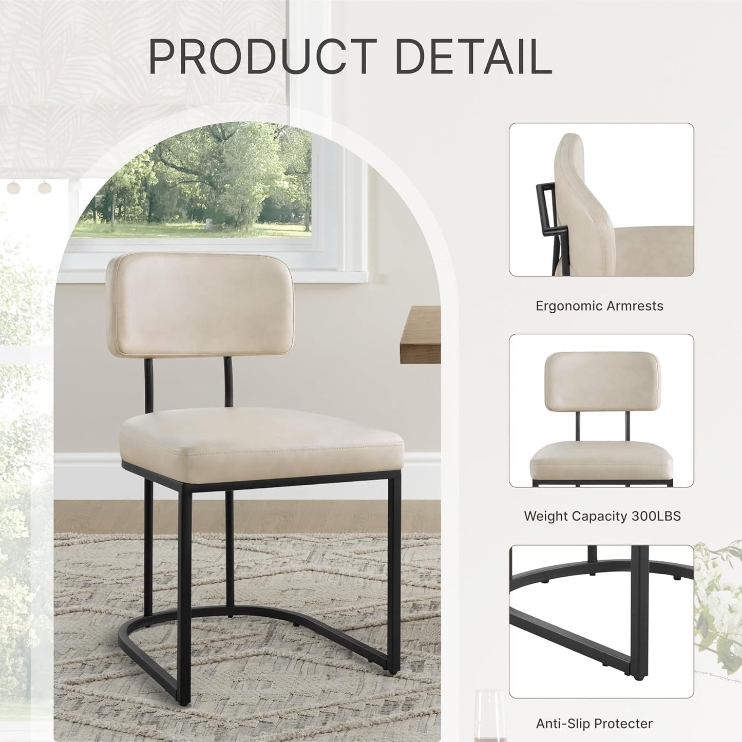 Dining Chairs Set of 4, Upholstered Modern Kitchen Chairs with Ergonomic Backrest, Faux Leather Cushion Seat & Metal Legs for Living Room, Restaurant, and Café, Beige, 2 Boxs