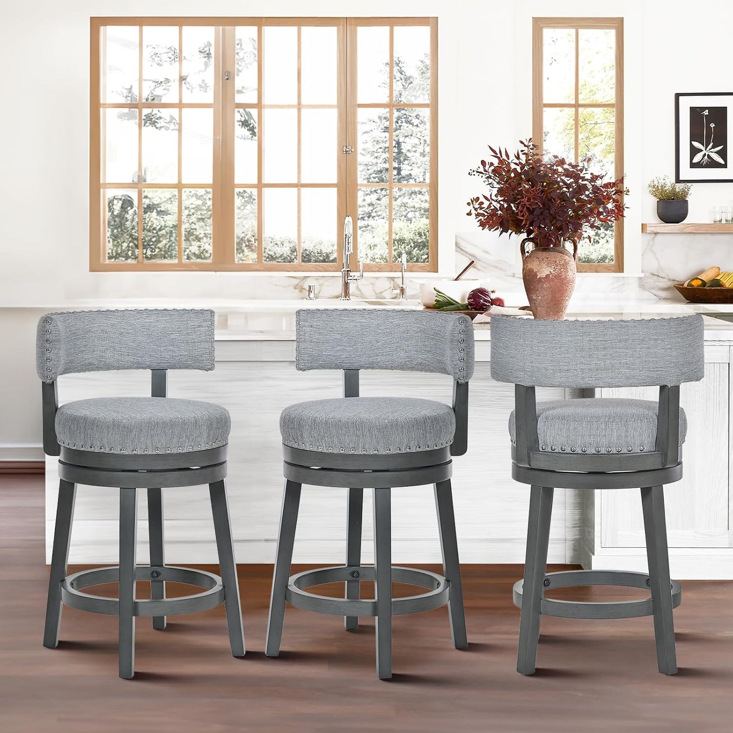 COLAMY Swivel Counter Height Bar Stools Set of 3, 25 Inch Modern Upholstered Kitchen Island Barstools with Back, Wood Swivel Bar Chairs for Counter Bar Dining Room, Grey