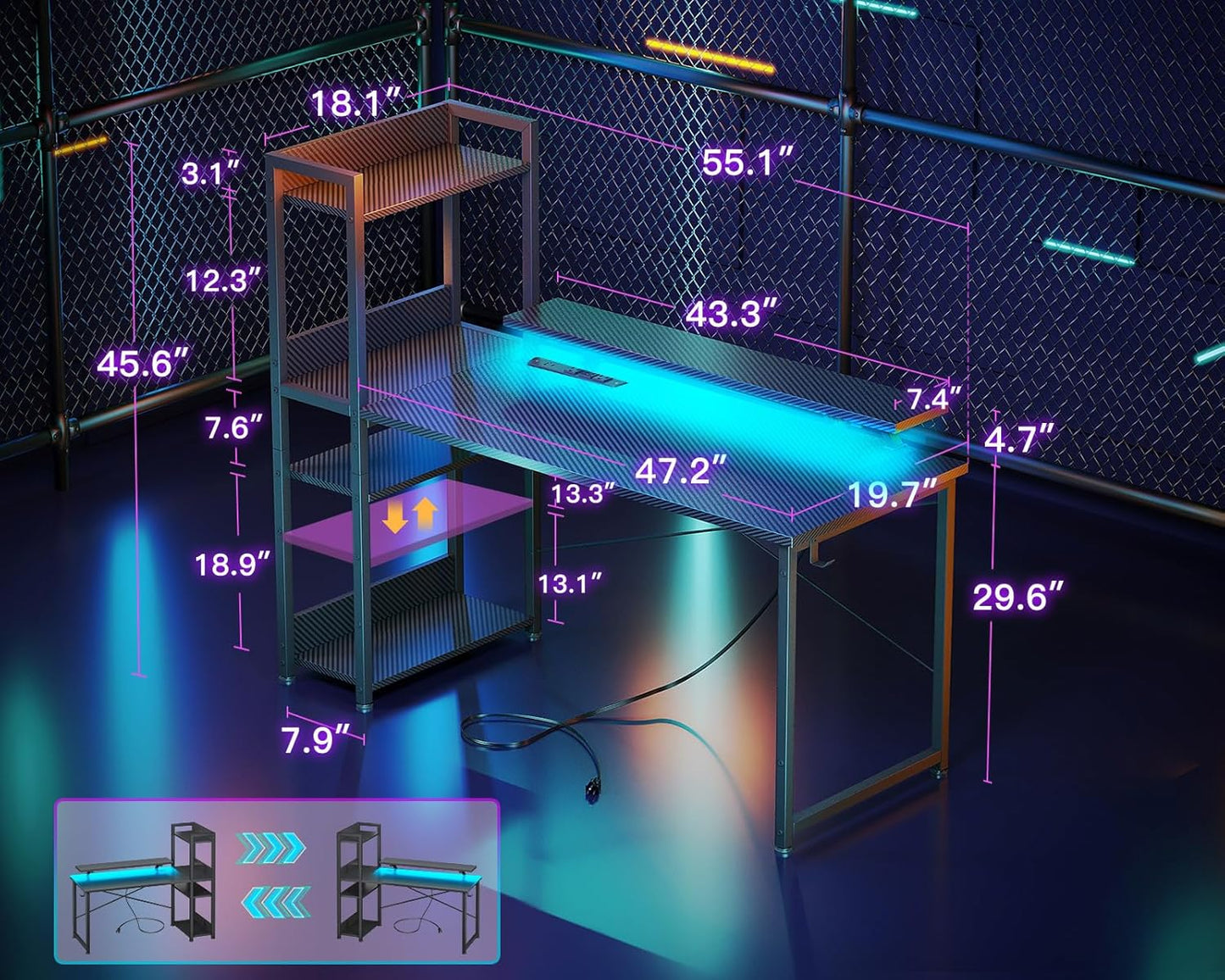 ODK Reversible 55 Inch Gaming Desk with USB Charging Port and LED Lights, Computer Desk with Storage Shelves and Monitor Stand, Study Table for Home Office, Morden Desk for Bedroom, Carbon Fiber Black