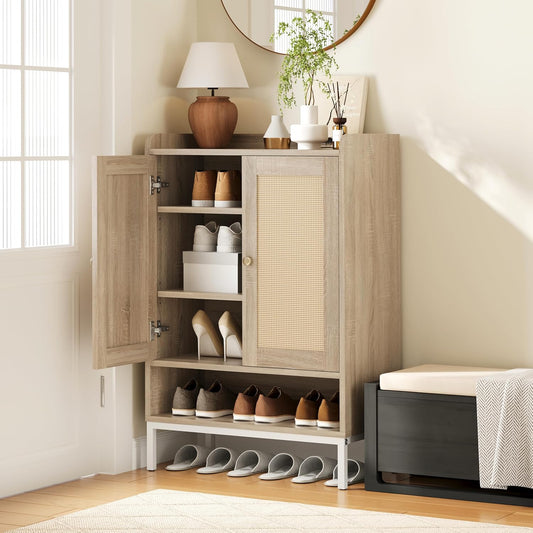 Rattan Shoe Cabinet Storage for Entryway, Shoe Cabinet with Adjustable Shelves for Entryway, 5-Tier, 20 Pair Shoe Rack Storage for Hallway, Closet, Living Room, Natural