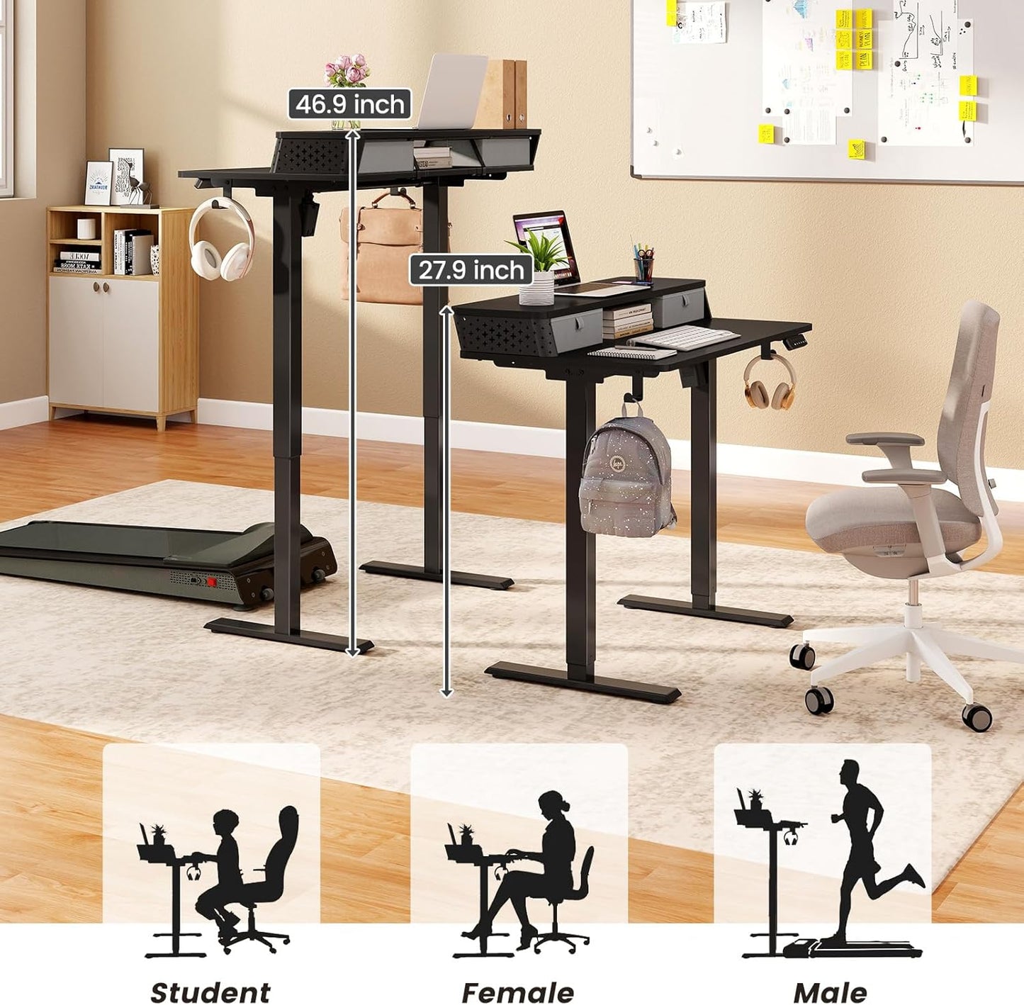 Small Standing Desk with Drawers and Brushless Motor,Electric Sit Stand Desk for Walking Pad,Ergonomic Stand Up Desk for Home Office & Gaming,3 Memory Height Preset & Hooks(40" x 24", Black)