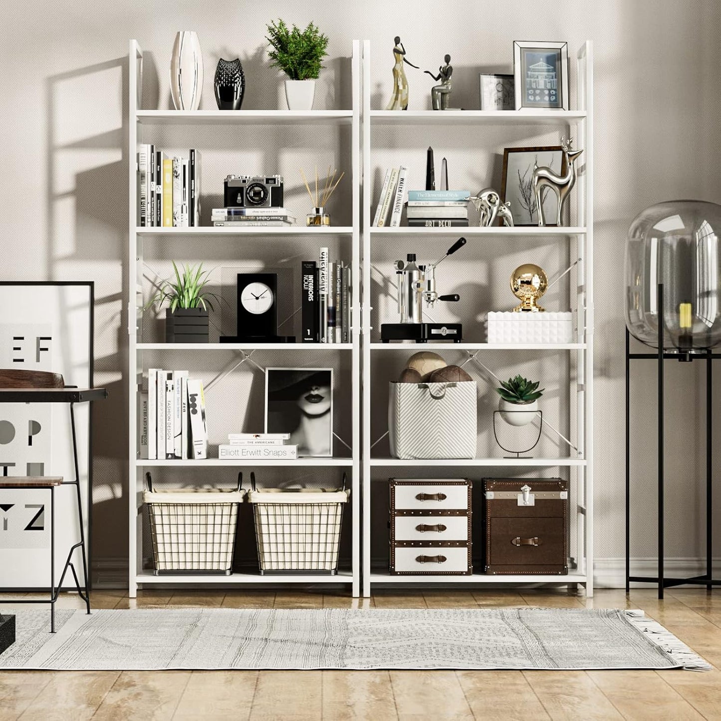 NUMENN 5 Tier Bookshelf, Tall Bookcase Shelf Storage Organizer, Modern Book Shelf for Bedroom, Living Room and Home Office, White