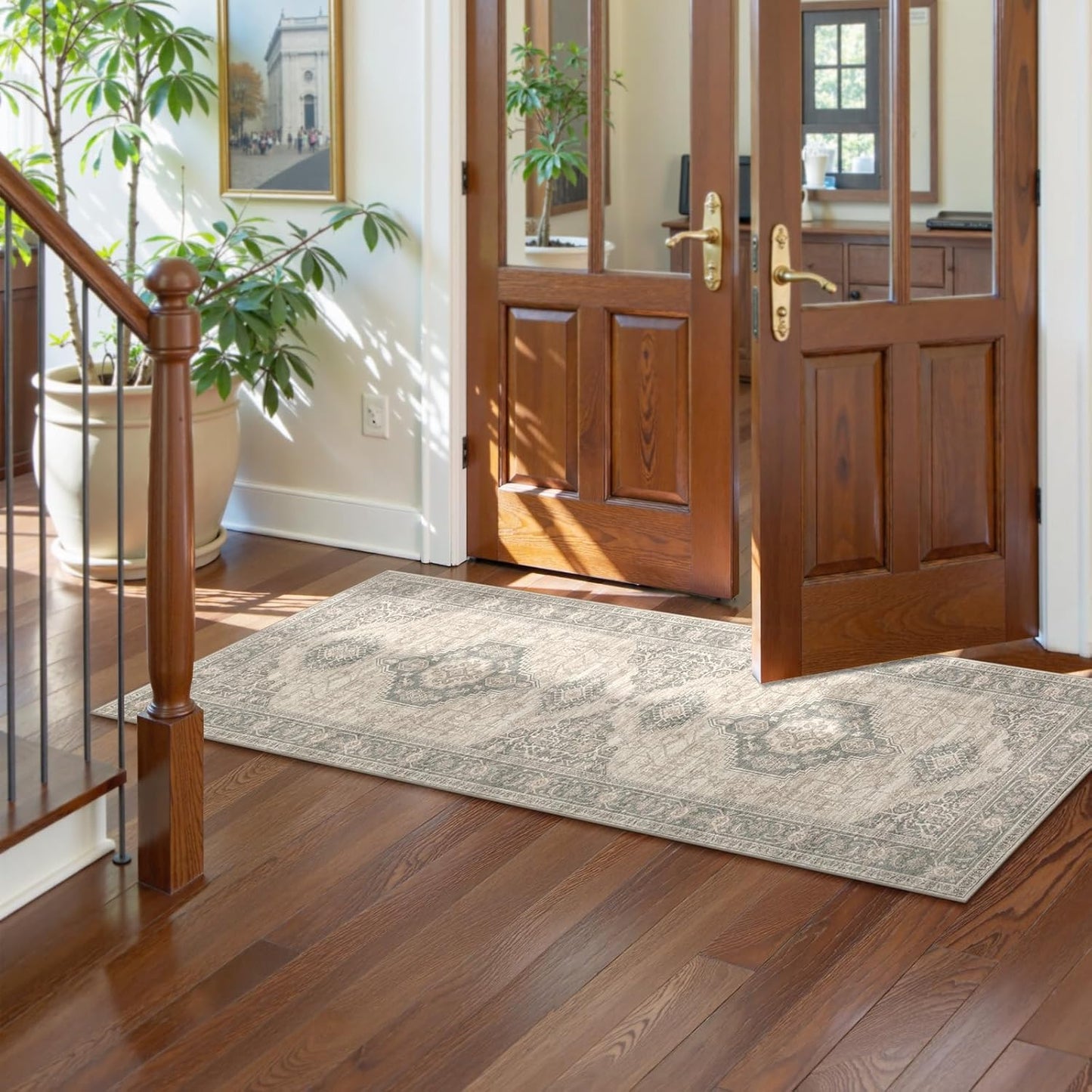 Lahome Oriental Kitchen Runner Rug Non Slip, 2x5 Washable Hallway Runner with Rubber Backing, Vintage Hallway Rug Ultra-Thin Soft Carpet for Bedroom Bathroom, Grey/Brown