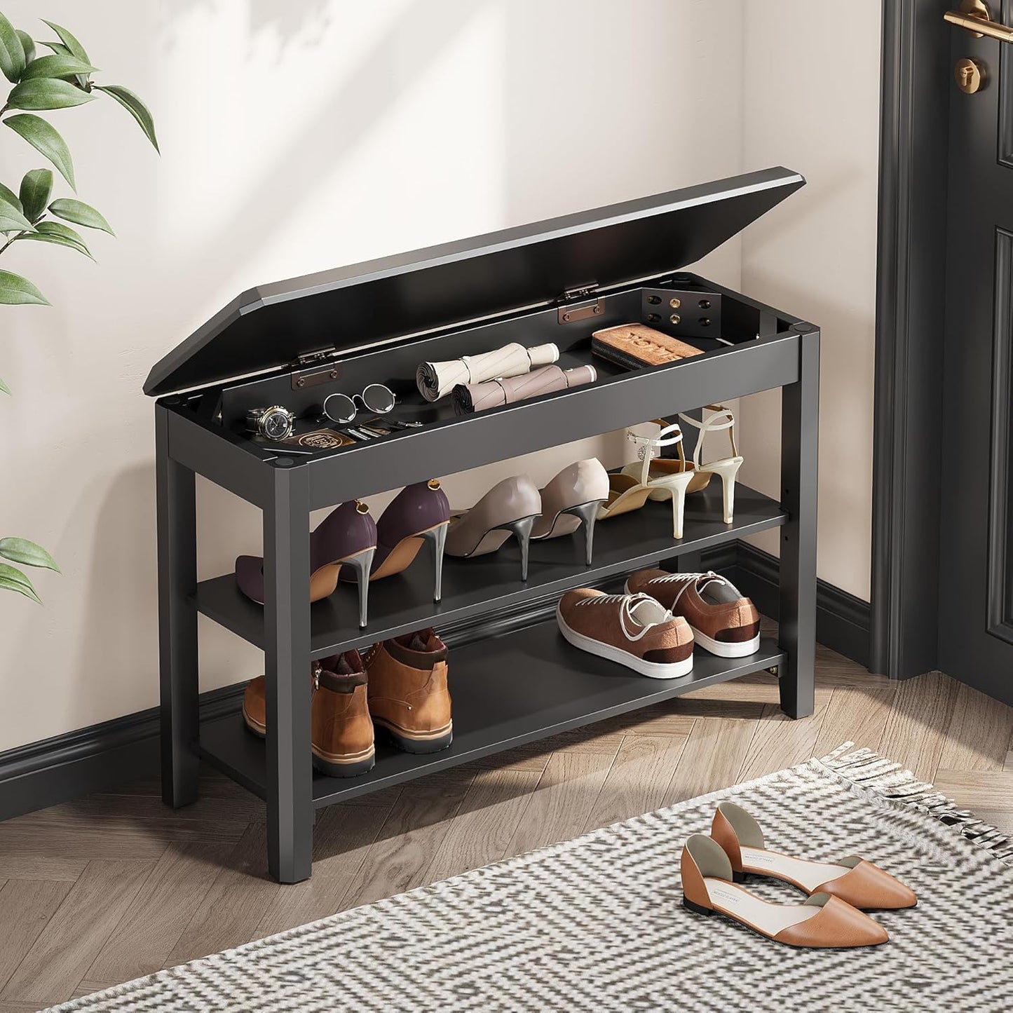 Shoe Rack Bench Seat Rubberwood 2-Tier Wooden Storage Bench 560lbs Compact Mid-Century Modern Design for Entryway, Hallway, Closet, Front Door Entrance, Foyer