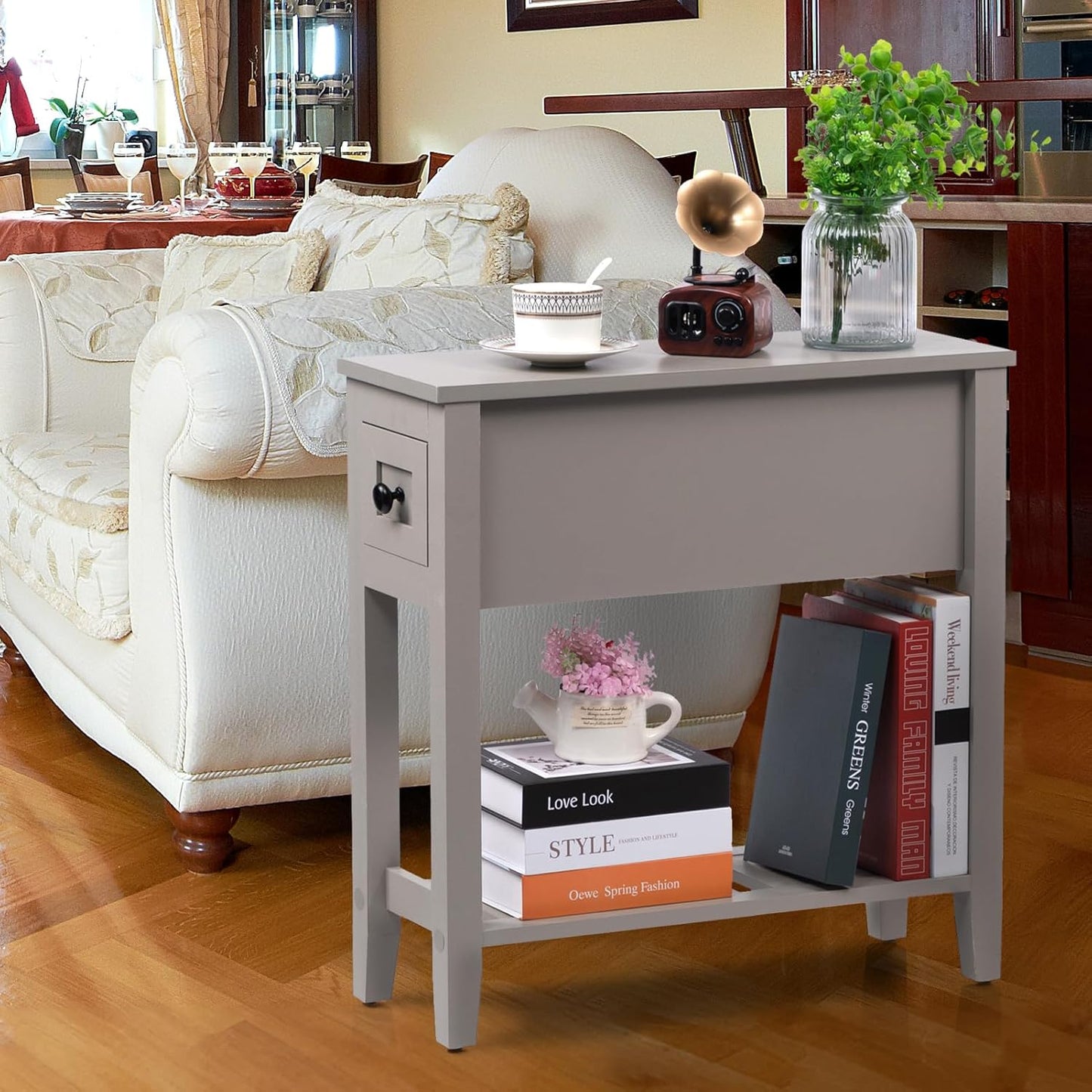 Gery Chairside Narrow End Table, Solid Recliner Side Table with Drawer, Slim Nightstand Bedside Table for Living Room Bedroom