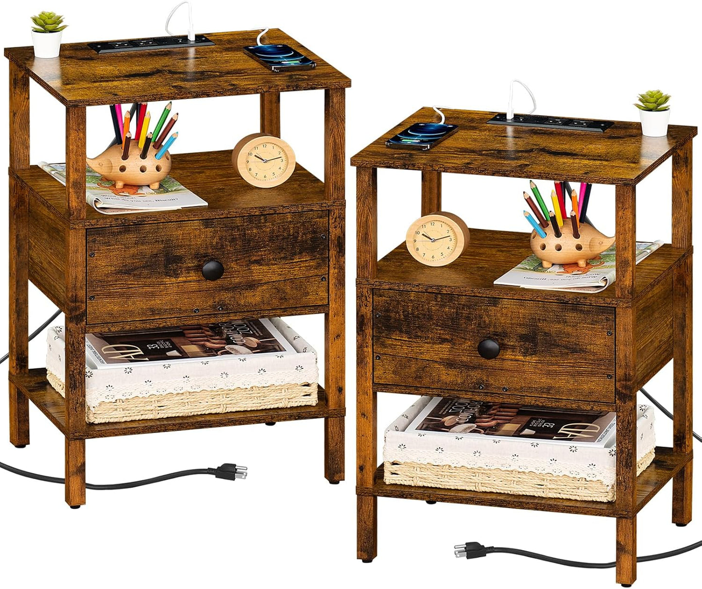 Lerliuo Nightstand Set of 2 with Charging Station and USB Ports, 3-Tier Storage End Table with Drawer Shelf, Night Stand for Small Spaces, Wood Bedside Table for Living Room, Bedroom-Brown