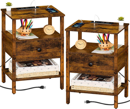 Lerliuo Nightstand Set of 2 with Charging Station and USB Ports, 3-Tier Storage End Table with Drawer Shelf, Night Stand for Small Spaces, Wood Bedside Table for Living Room, Bedroom-Brown