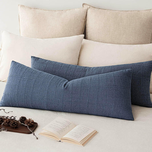 Foindtower Set of 2 Decorative Linen Check Throw Pillow Covers Neutral Long Body Lumbar Cushion Covers Farmhouse Vintage Home Decor for Sofa Chair Couch Bedroom Living Room Outdoor,14×36 Inch,Blue