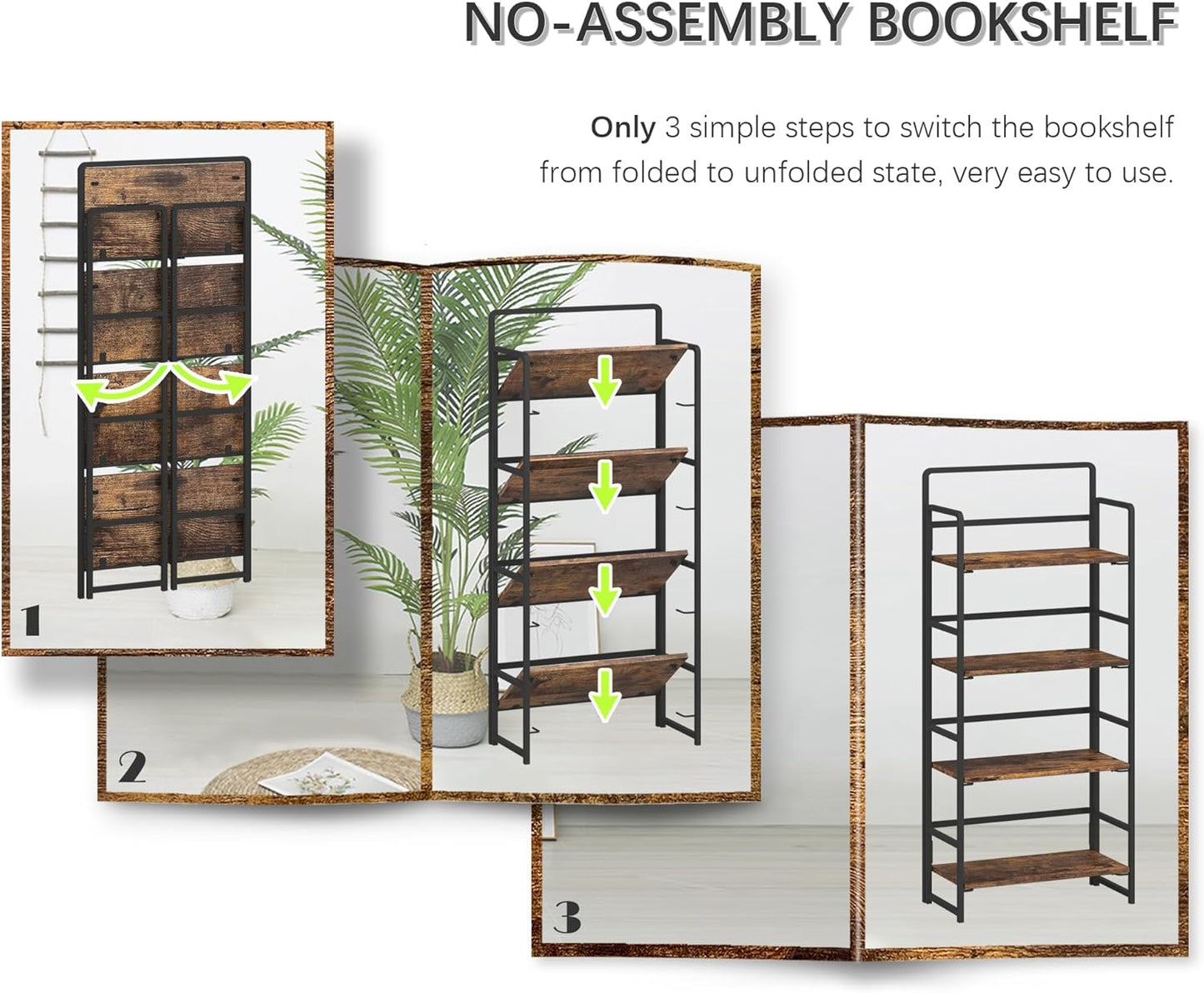 4NM No Assembly Folding Bookshelf, 4-Shelf 54" H Collapsible Foldable Bookcase Storage for Small Spaces, Rustic Brown and Black