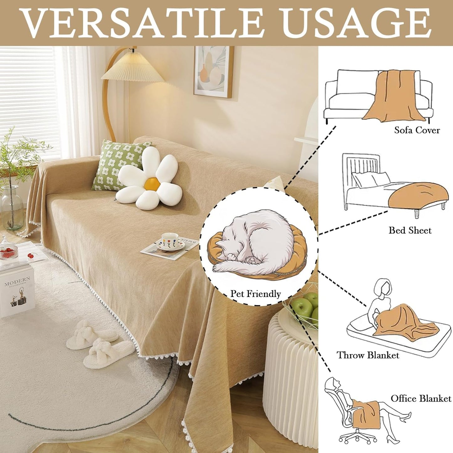 HANDONTIME Khaki Loveseat Covers Couch Cover for Dogs Cats Solid Sofa Covers for 3 Cushion Couch Machine Washable Couch Covers for Sectional Sofa L Shape Chenille Sofa Slipcover Soft, 71" X134"