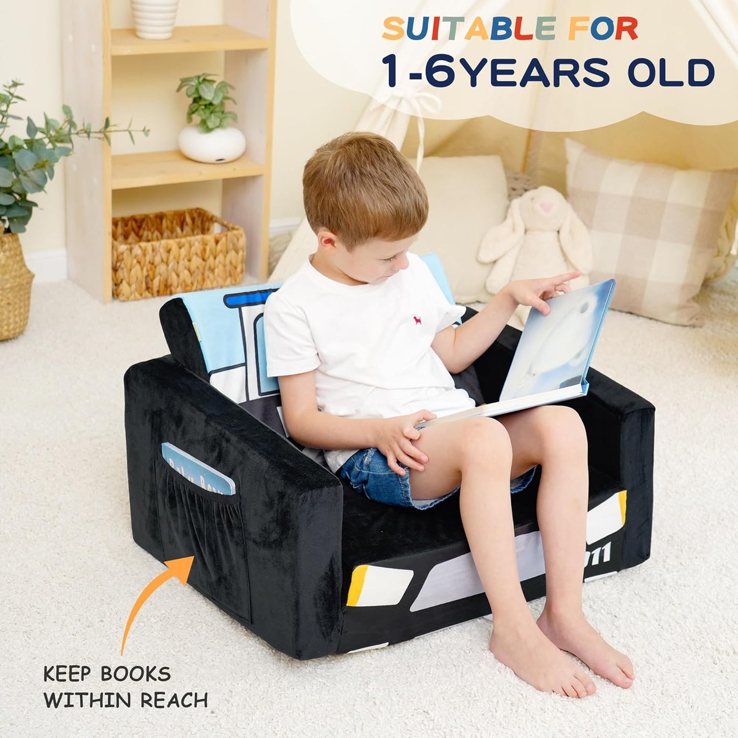 MallBest Kids Sofas Toddler Couch Bed Baby's Upholstered Chair Sleepover Couch Flipout Open Recliner(Black/Police Car)