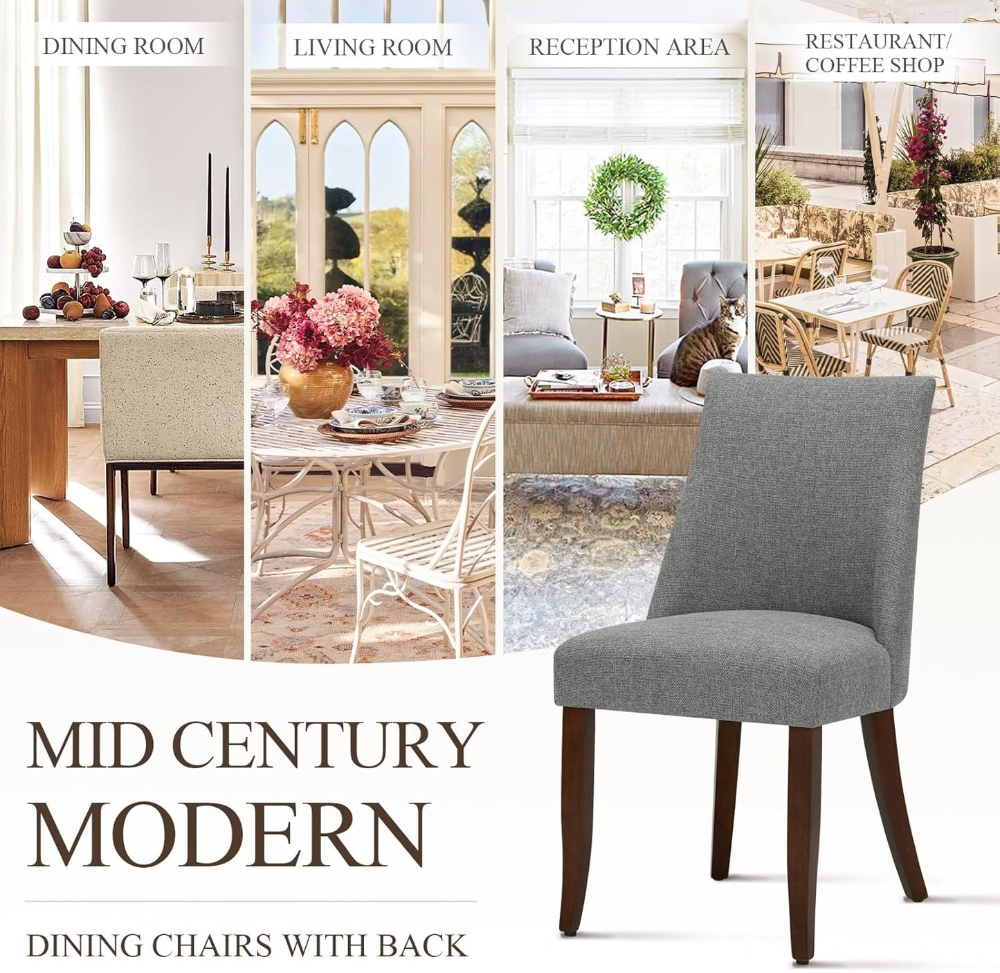 COLAMY Upholstered Dining Chairs Set of 2, Mid Century Modern Kitchen Chairs with Back, Farmhouse Fabric Side Dining Room Chairs with Wood Legs for Dining Room Restaurant, Light Grey