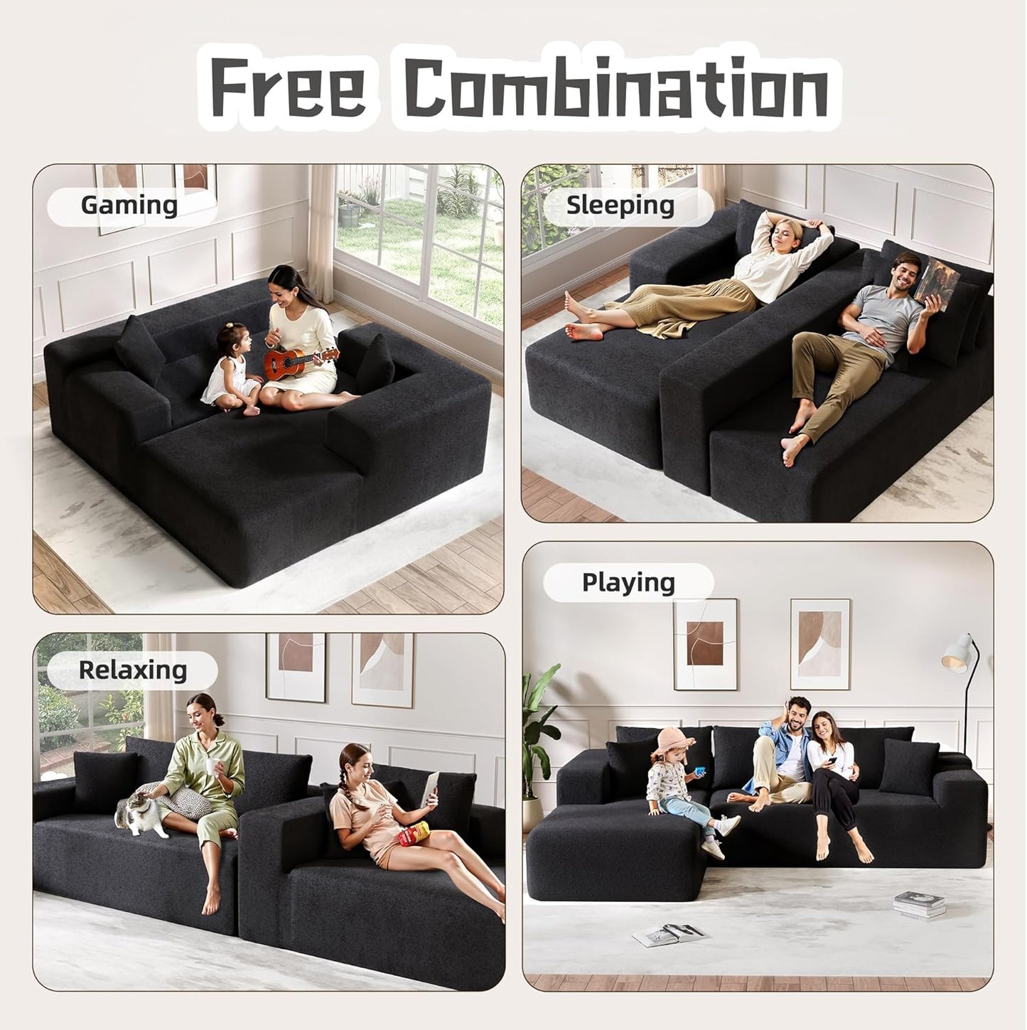 Cloud Sectional Couch, 104”L-Shape Oversized Sofa with Right Chaise Lounge, Modular Sleeper Couch with Pillows & Deep Seat, Rain Drop Velvet Fabric Compressed Sofa for Living Room, Black