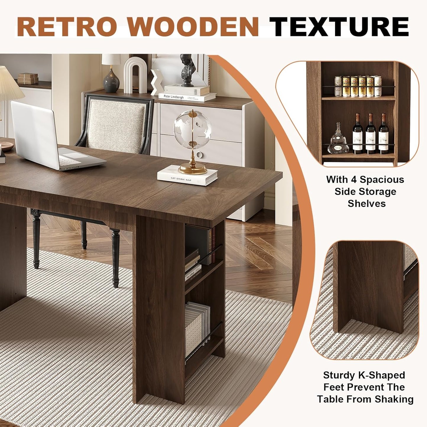 Garvee 63 Inch Dining Table for 2-4, Farmhouse Rectangular Kitchen Table with Waterproof Wood Tabletop, Heavy Duty Legs & 2-Tier Storage Shelves for Kitchen, Dining Room, Walnut