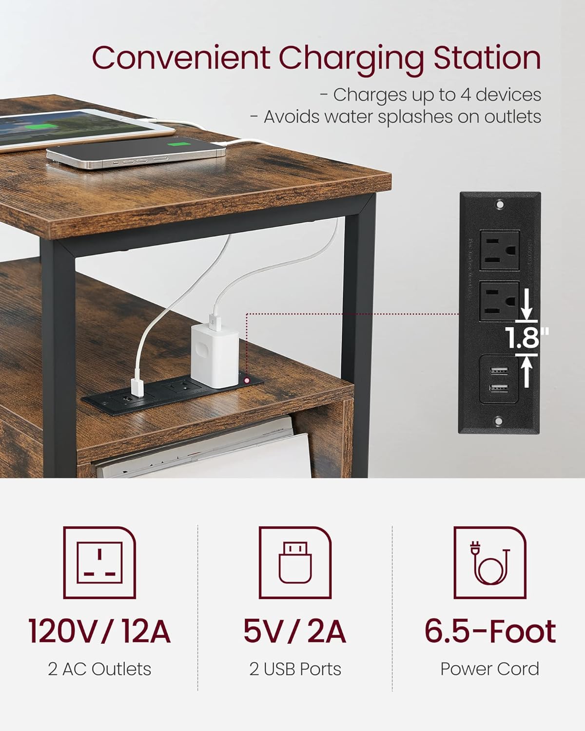 VASAGLE Side Table with Charging Station, Narrow End Table with 2 Drawers, Slim Nightstand and Bedside Table with Storage, for Small Spaces, Rustic Brown + Black