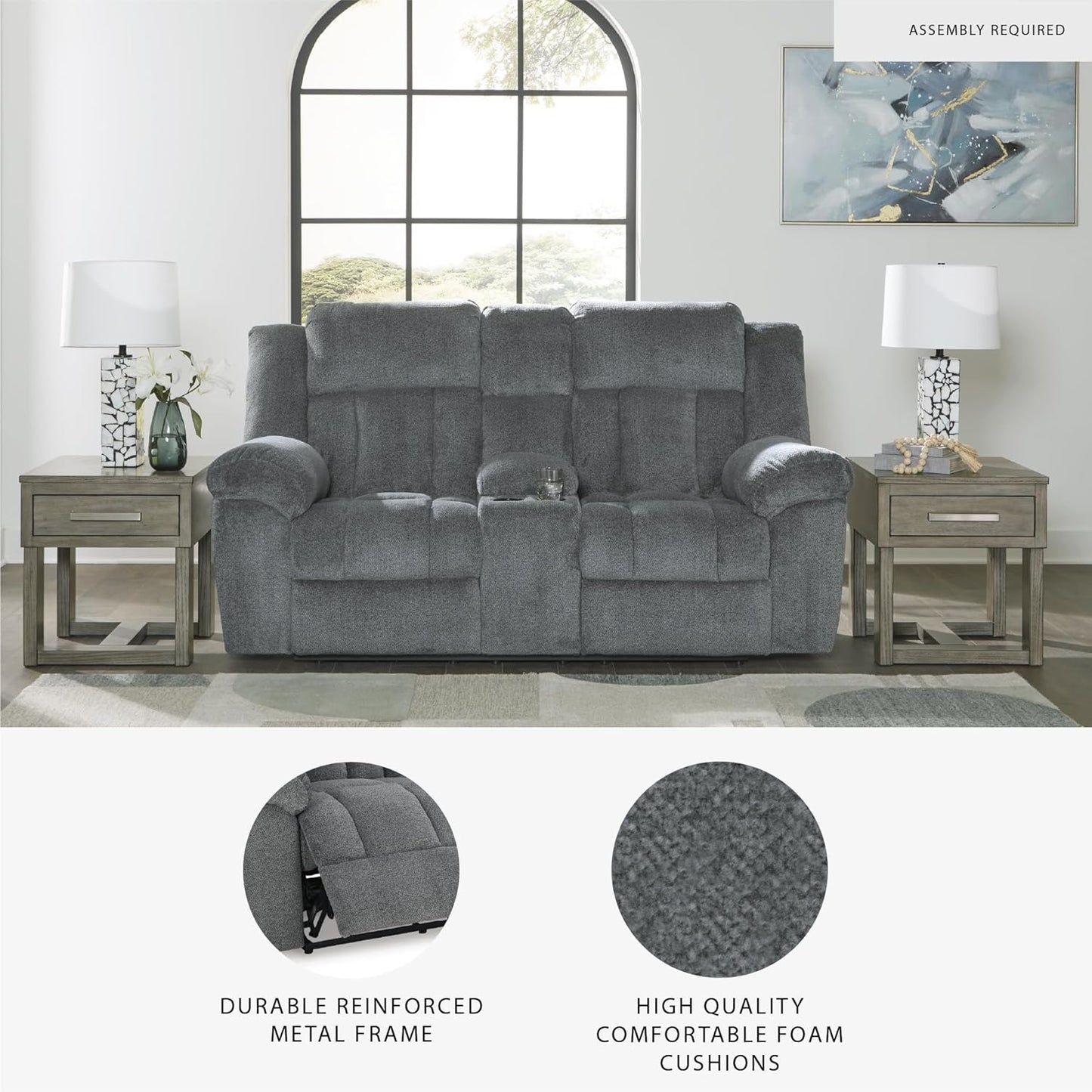 Signature Design by Ashley Tip-Off Modern Wall Hugger Power Reclining Loveseat with Adjustable Headrest, USB Ports, Storage and Cup Holders, Gray