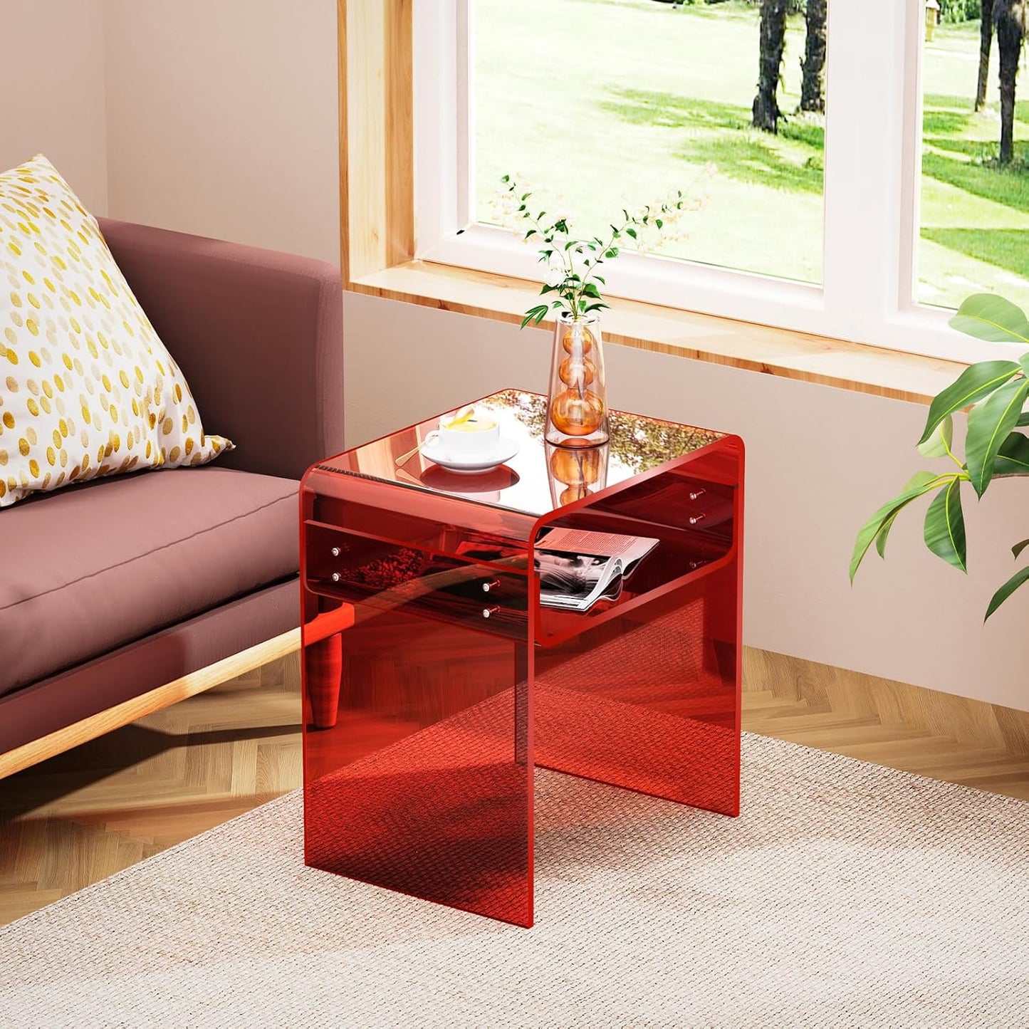 Clear Acrylic End Table 2-Tier Bedside Nightstand for Living Room Bedroom (1, Red)