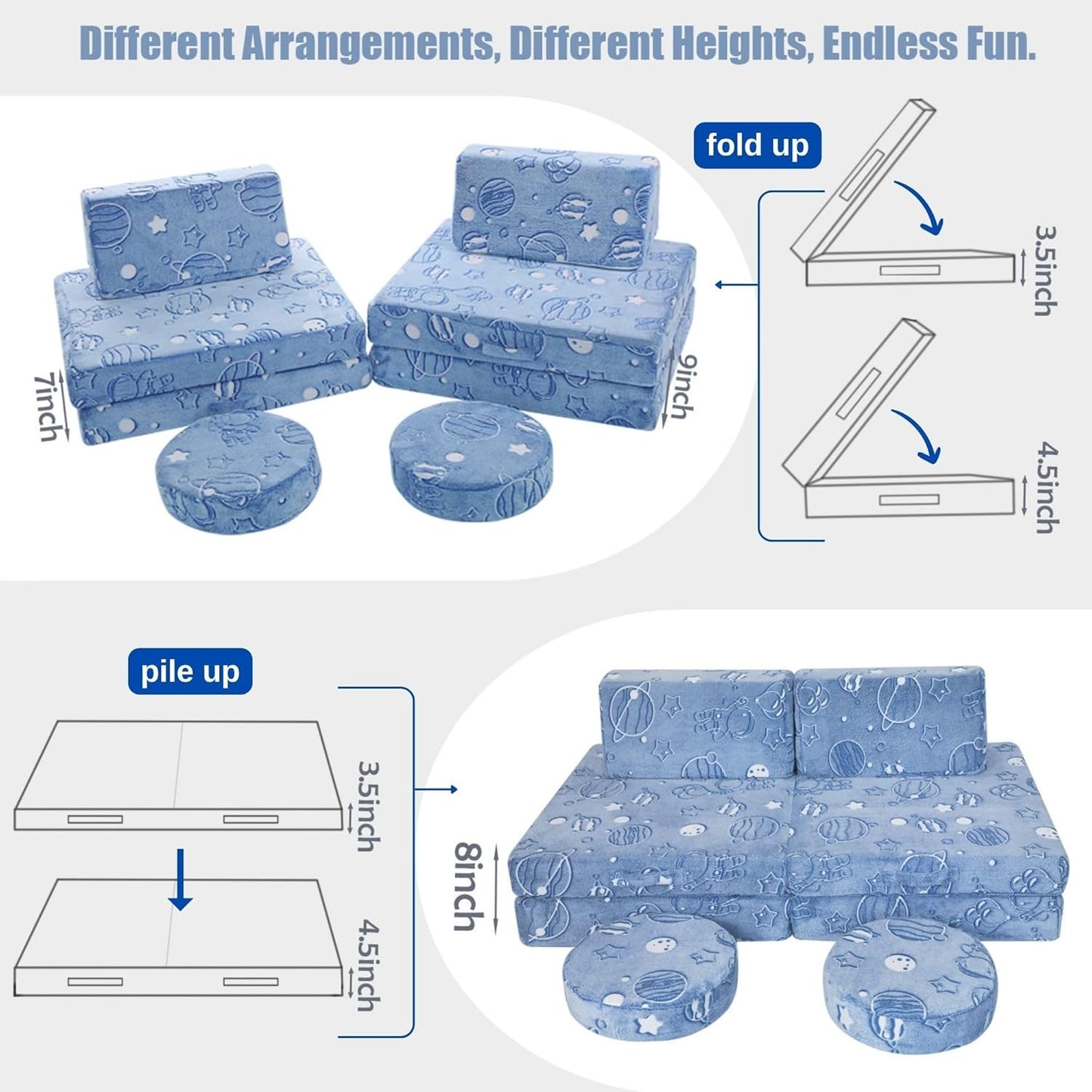 MeMoreCool Modular Glow Sofa for Kids, Space-Themed 8-Piece Convertible Foam Couch Play Set with Celestial Patterns for Toddlers and Playroom