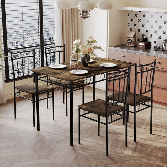 5 Piece Dining Table Set, Modern Metal&Wood Kitchen Dinner Table with 4 Chairs, Dining Room Table Sets for Small Spaces, Brown