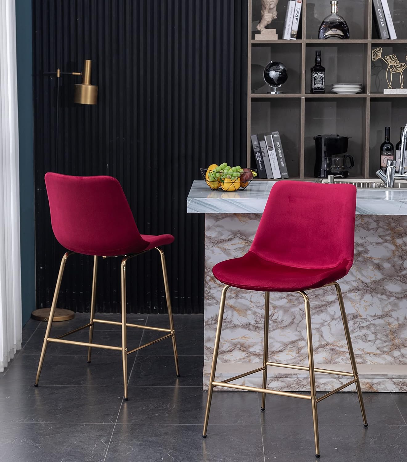 Roundhill Furniture Aufurr Modern Velvet 26.50 Counter Height Stools, Set of 2, Red