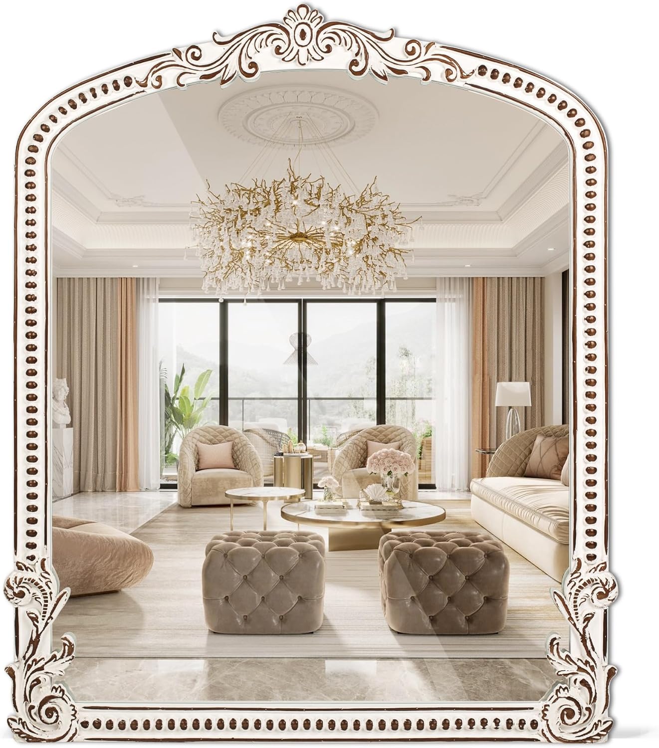 30x35 Inch Baroque Farmhouse Arched Wall Mirror Wooden, Rustic Distressed Decorative Mirrors for Fireplace, Living Room, Bedroom, Entryway, Bathroom