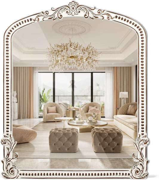 30x35 Inch Baroque Farmhouse Arched Wall Mirror Wooden, Rustic Distressed Decorative Mirrors for Fireplace, Living Room, Bedroom, Entryway, Bathroom