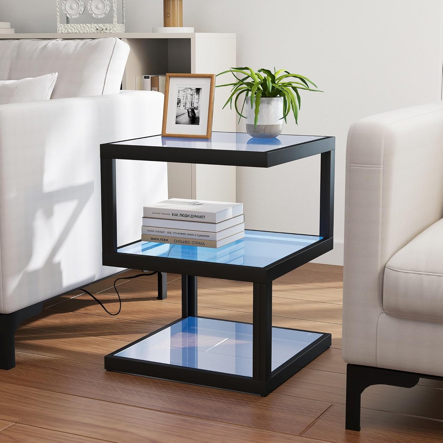 3-Tier Glass Table with LED Strip, Unique S-Shaped Design SideTable, Moderen Black Deco Table for Living Room and Bedside Room