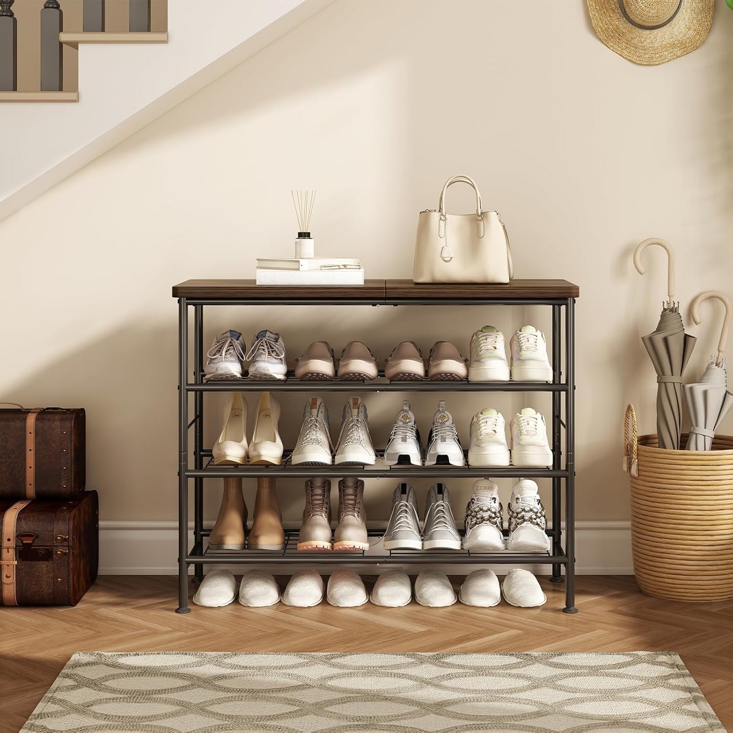 Shoe Rack Organizer 4 Tier for Closet Entryway Free Standing Metal Storage Shoe Shelf with MDF Top Board，Black