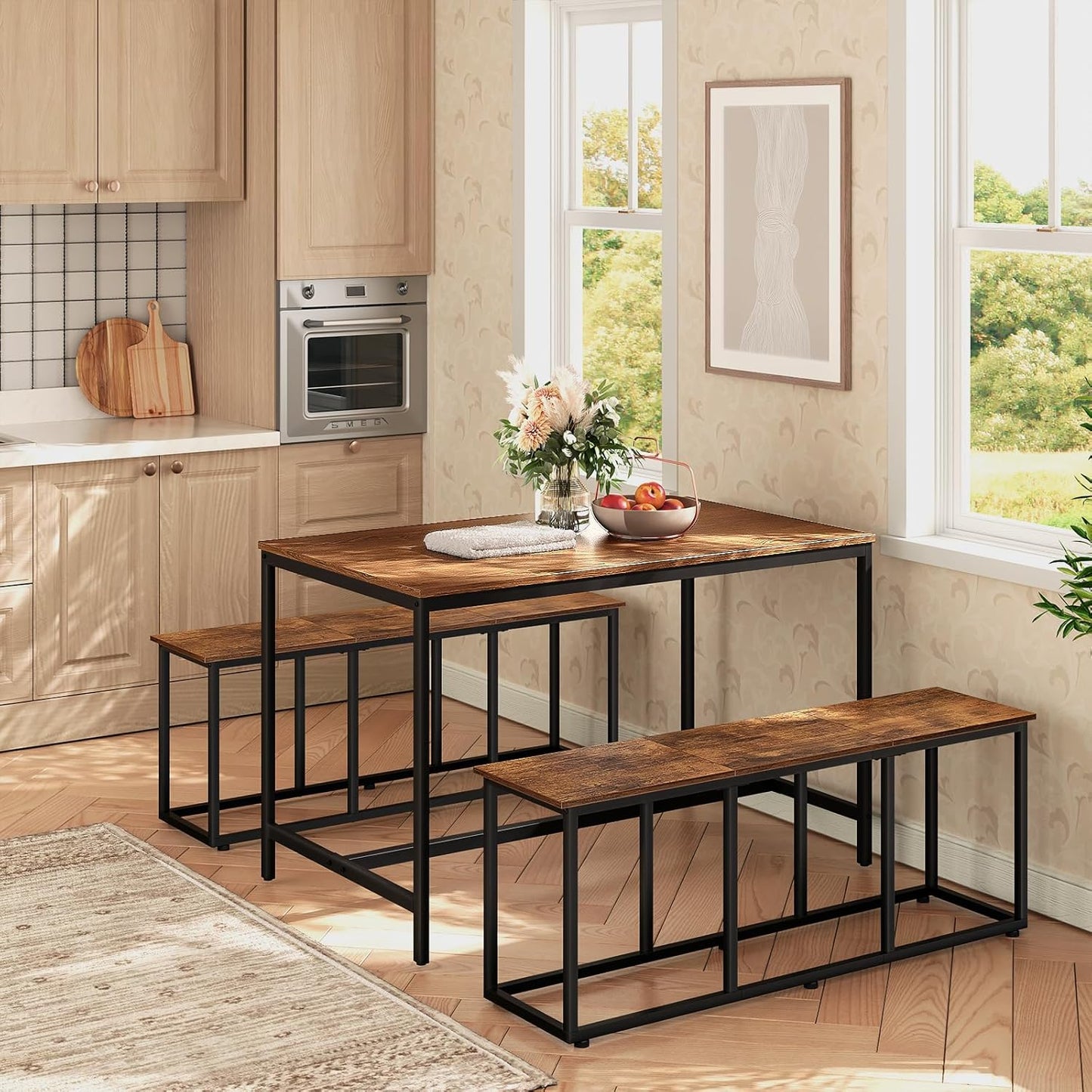 HOOBRO Dining Bench, 47.2 Inch Dining Table Bench, Industrial Style Kitchen Bench, Steel Frame, Easy to Assemble, for Kitchen, Dining Room, Rustic Brown and Black BF45CD01