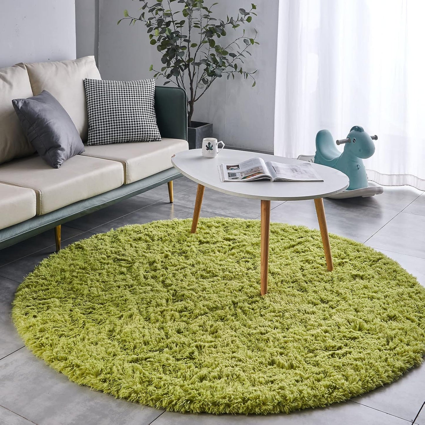 FJZFING Grass Green Round Rug Ultra-Soft Plush Modern 4x4 Circle Area Rug for Kid's Bedroom, Fluffy Shag Circular Rug for Nursery Room, Cute Grass Green Carpet for Teen's Room