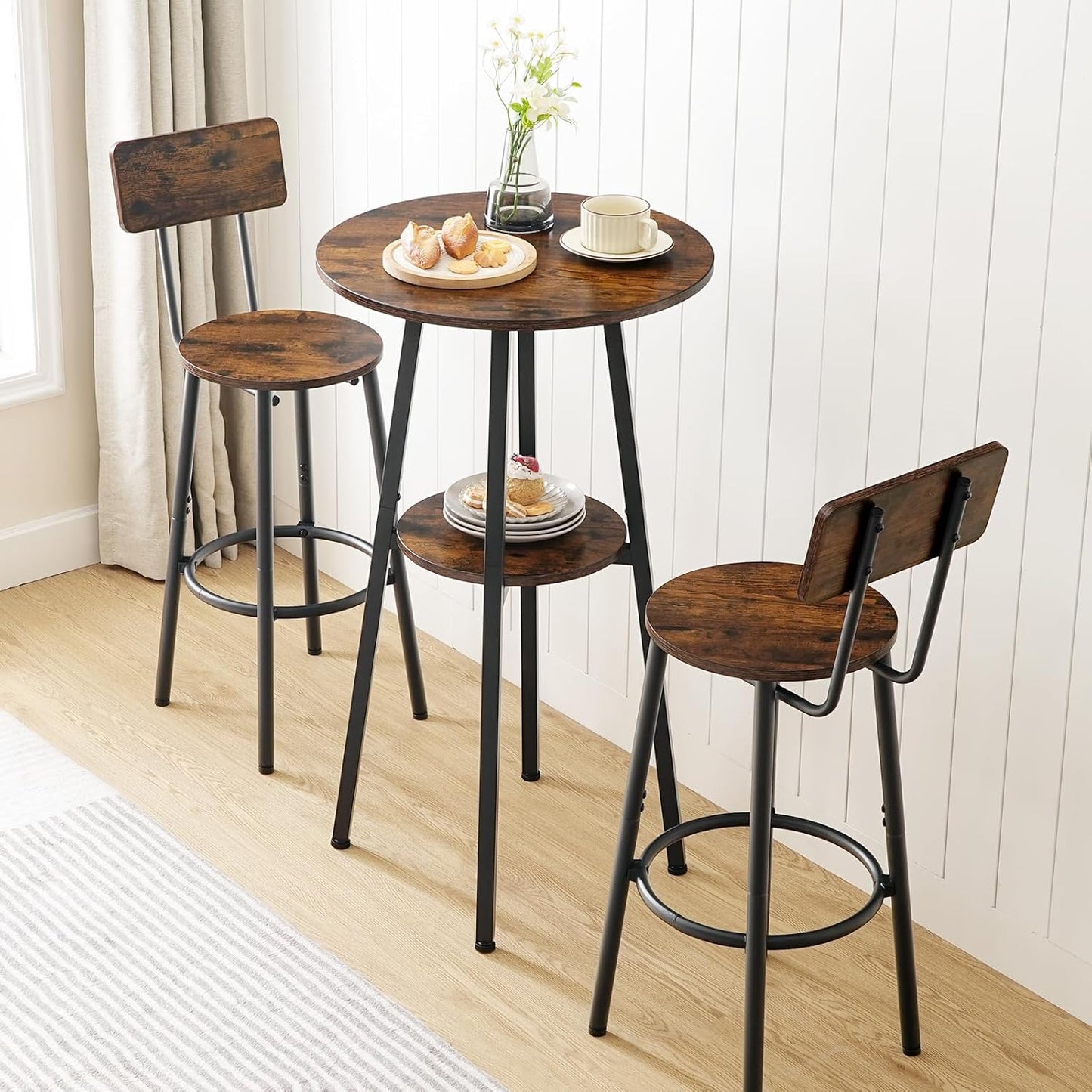 HOOBRO 3 Pieces Round Bar Height Table and Chairs Set, Round Dining Table Set, Pub Table and Chairs for Small Space, 2 Tier Kitchen Table and Bar Stools with Back, Rustic Brown BF35BT01