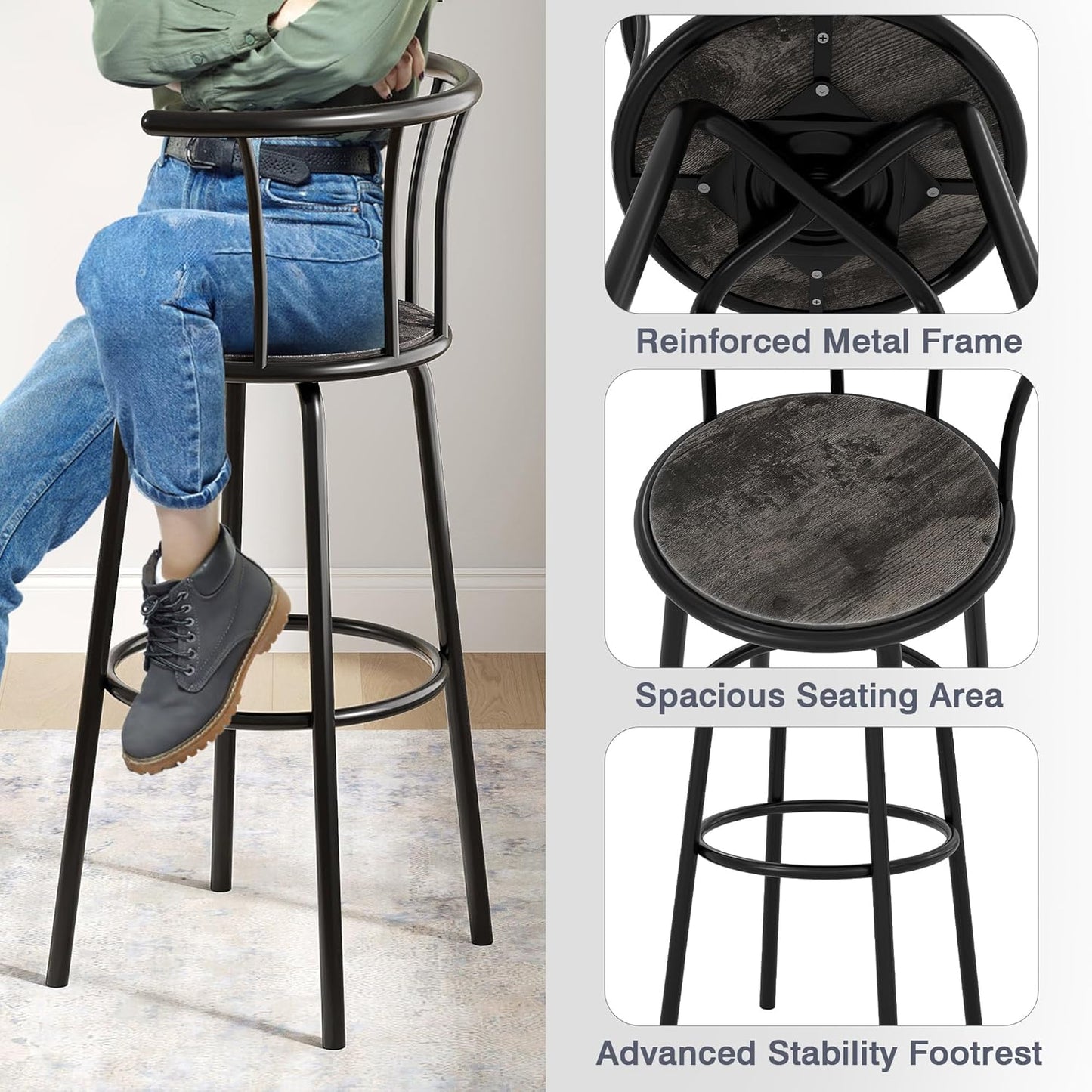 VECELO Bar Stools Set of 2, Swivel Counter Barstools with Backrest, Bar Height Chairs for Dining Room, Kitchen Island, Pub, Easy Assembly, Retro Grey