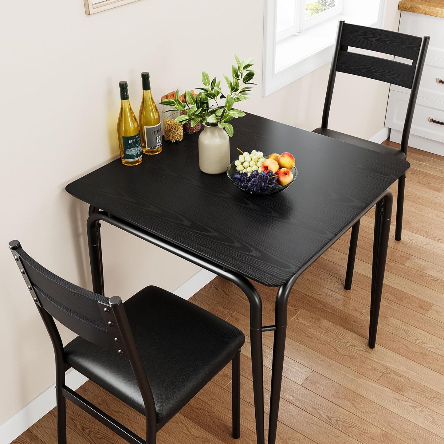 Dining Table for 2, Small Table and Chairs Set of 2, Square Dinette Set for 2, 3 Piece Kitchen & Dining Room Sets for Small Space (Black, Table with 2 Upholstered Chairs)