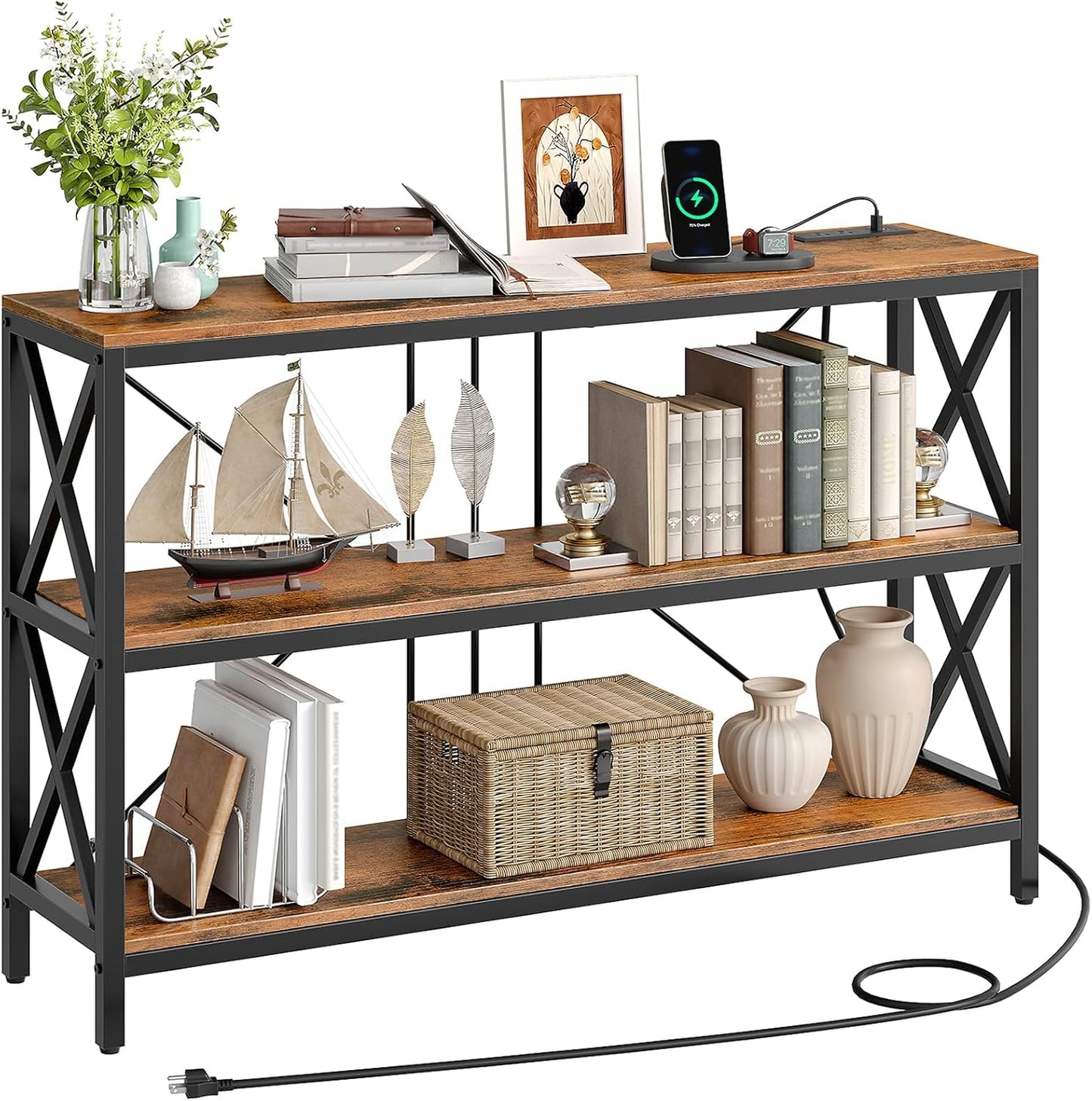 47.2" Console Table with Charging Station, 3-Tier Entryway Table, Industrial Sofa Desk, Hallway Desk with 2 AC Outlets and 2 USB Ports Metal Frame, Rustic Brown and Black TXG01UBF