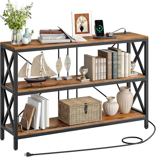 47.2" Console Table with Charging Station, 3-Tier Entryway Table, Industrial Sofa Desk, Hallway Desk with 2 AC Outlets and 2 USB Ports Metal Frame, Rustic Brown and Black TXG01UBF
