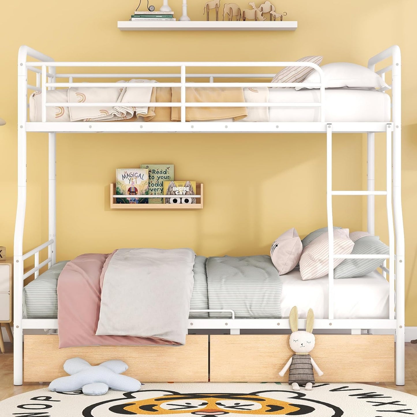 Full Over Queen Metal Bunk Bed with 2 Storage Drawers,Contemporary Iron-Crafted Bed Frame,w/Ladder & Full Length Gridded Guardrails,No Box Spring Needed,for Bedroom Guest Room,White