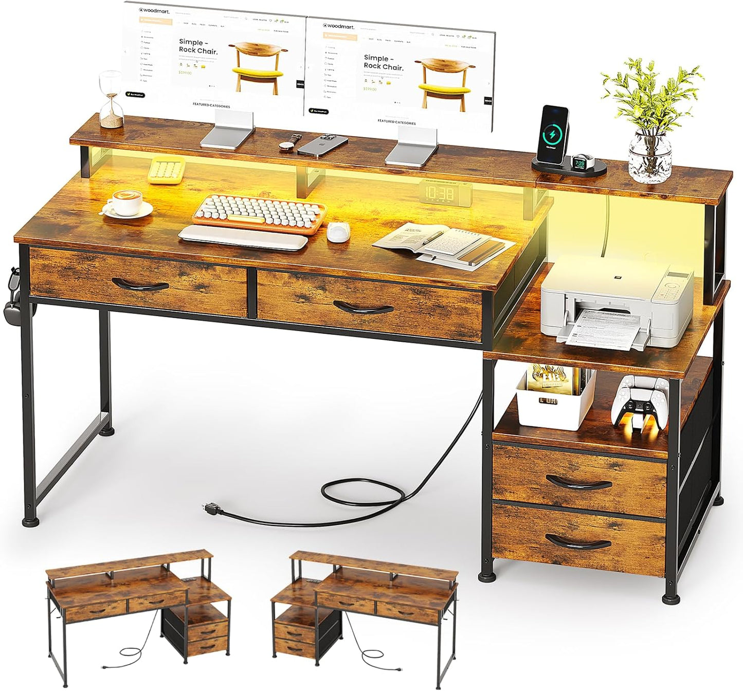 53" Computer Desk with 4 Drawers & Power Outlets, Reversible Home Office Desk with Monitor Stand & Printer Stand, Gaming Desks with Led Lights, Study Writing Work Desks Table for Bedroom, Vintage