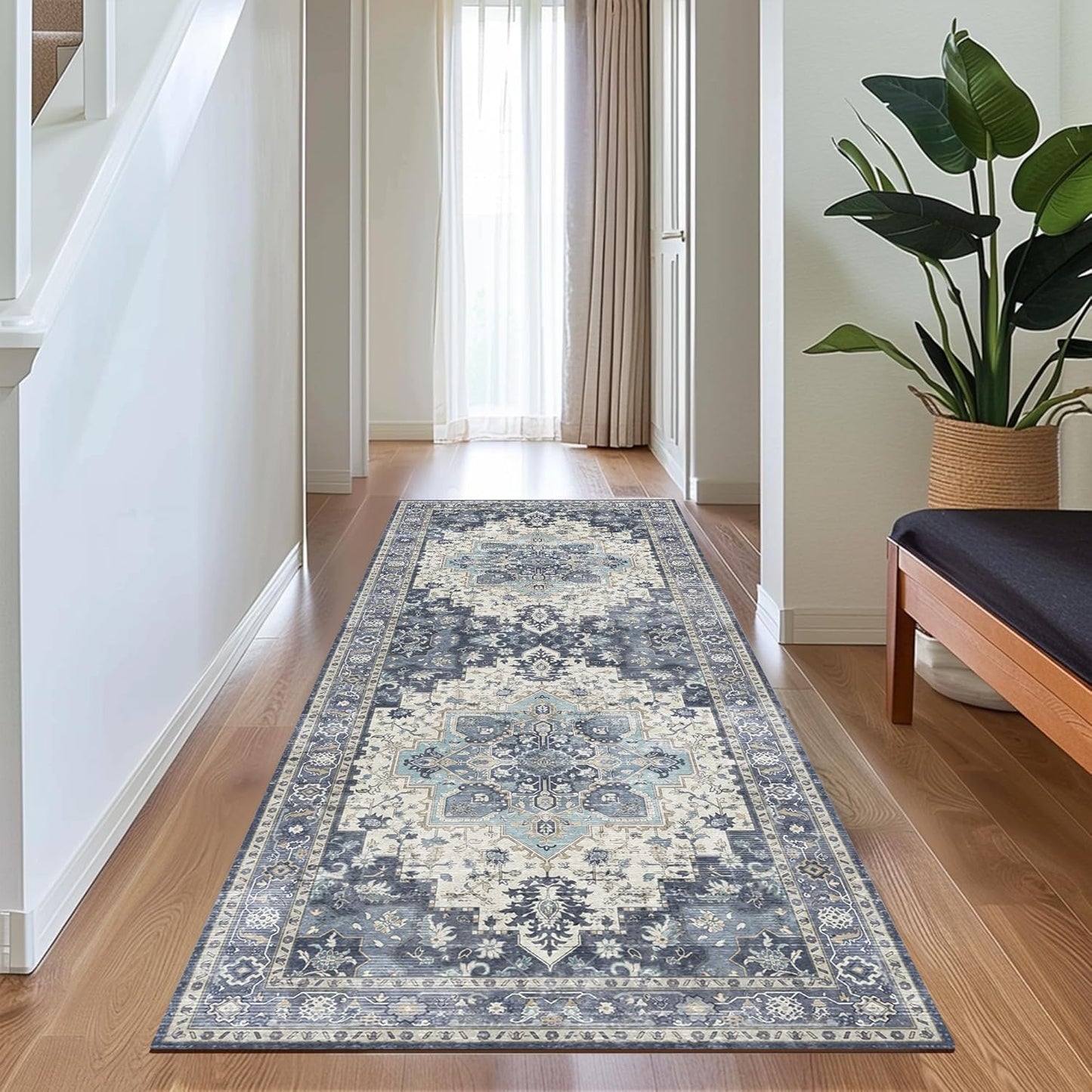 GENIMO 2x6 Runner Rugs for Hallway, Machine Washable Non Slip Vintage Rugs, Low Pile Lightweight Soft Print Rug for enrtyway, Corridor, Home Office, Kitchen, Center Blue