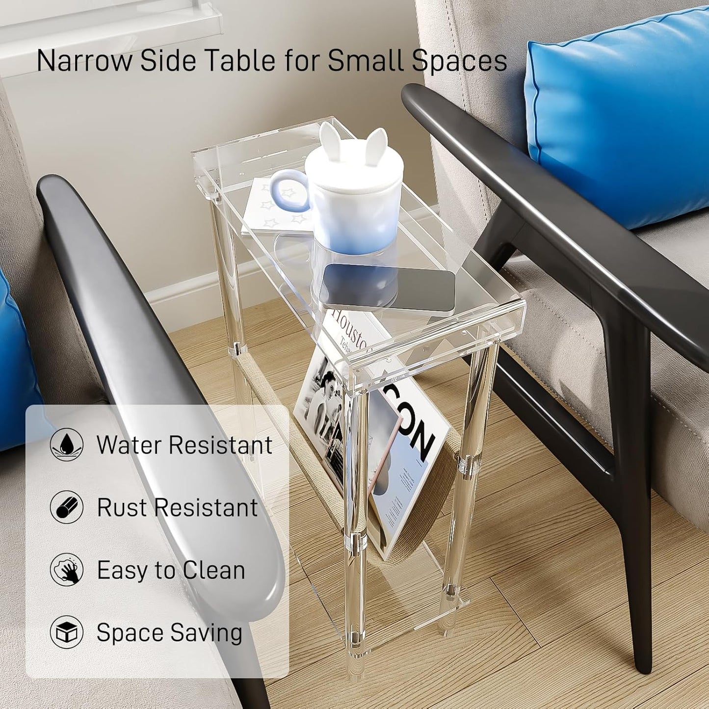 Eglaf Acrylic Narrow Side Table for Small Spaces - Slim End Table with Magazine Holder - Skinny Side Table Small Bedside Table Nightstand for Living Room Bedroom- 15.7” L x 7” W x 23.9” H, Clear