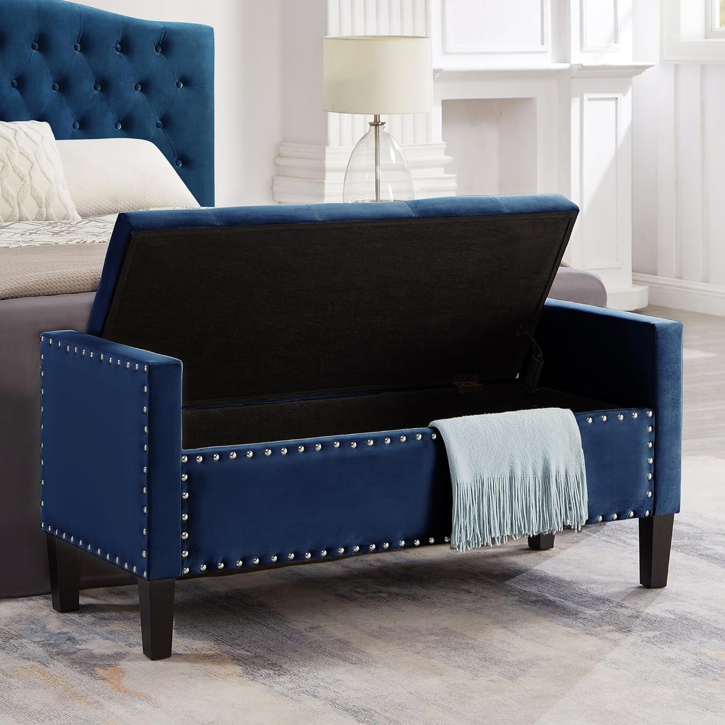Velvet Storage Ottoman with Armrests and Nails Trim,Entryway Living Room Soft Padded Seat,Bed Bench Bedroom End of Bed,Navy (48”L X 18.5” W X 22” H)