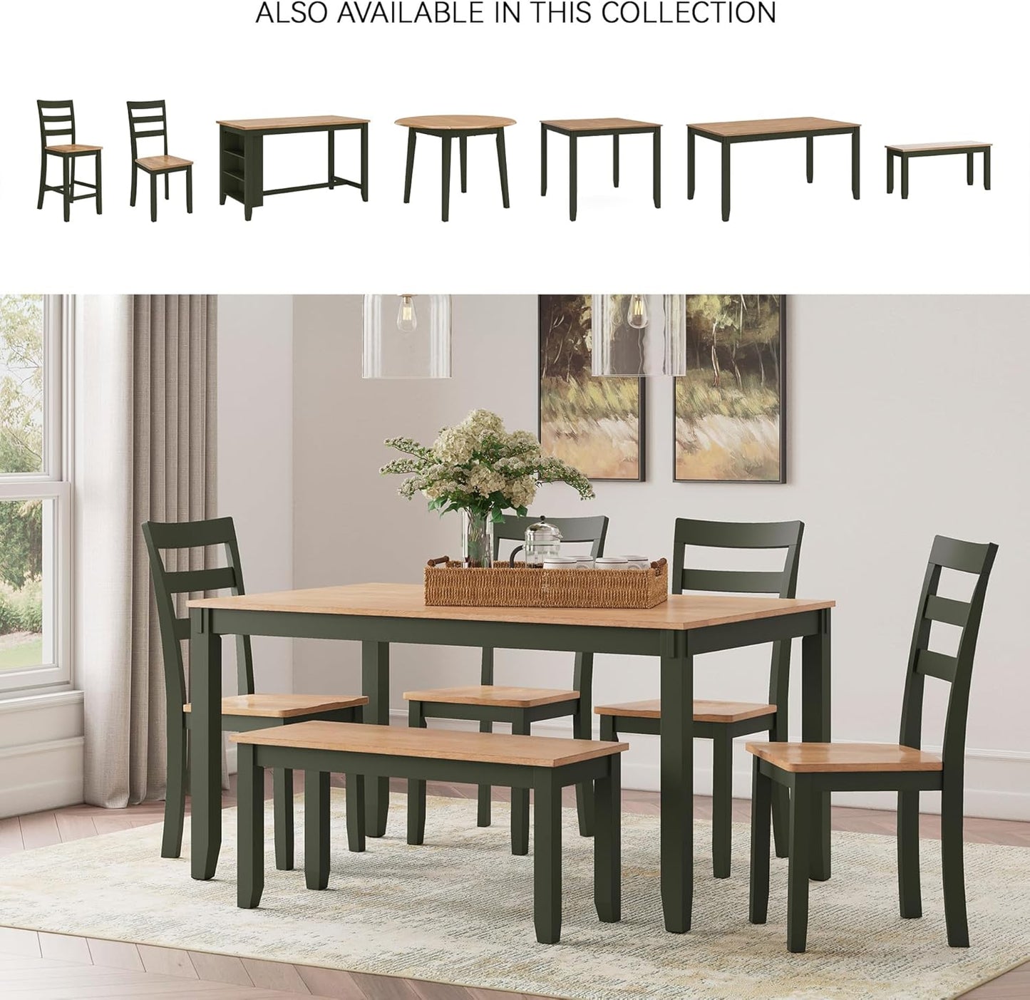 Signature Design by Ashley Gesthaven Modern Dining Table with 4 Chairs and Bench, Set of 6, Green & Light Brown