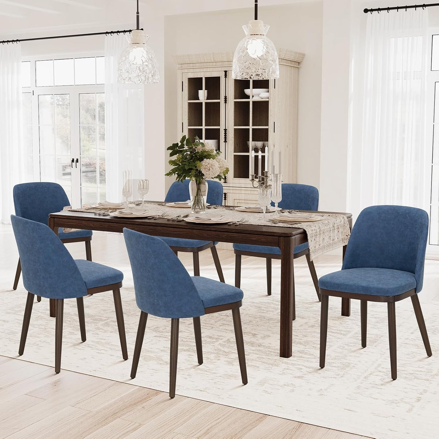 COLAMY Upholstered Dining Chairs Set of 6, Modern Kitchen Chairs with Back, Leather Side Dining Room Chairs with Wood Legs for Kitchen Dining Room Restaurant, Blue