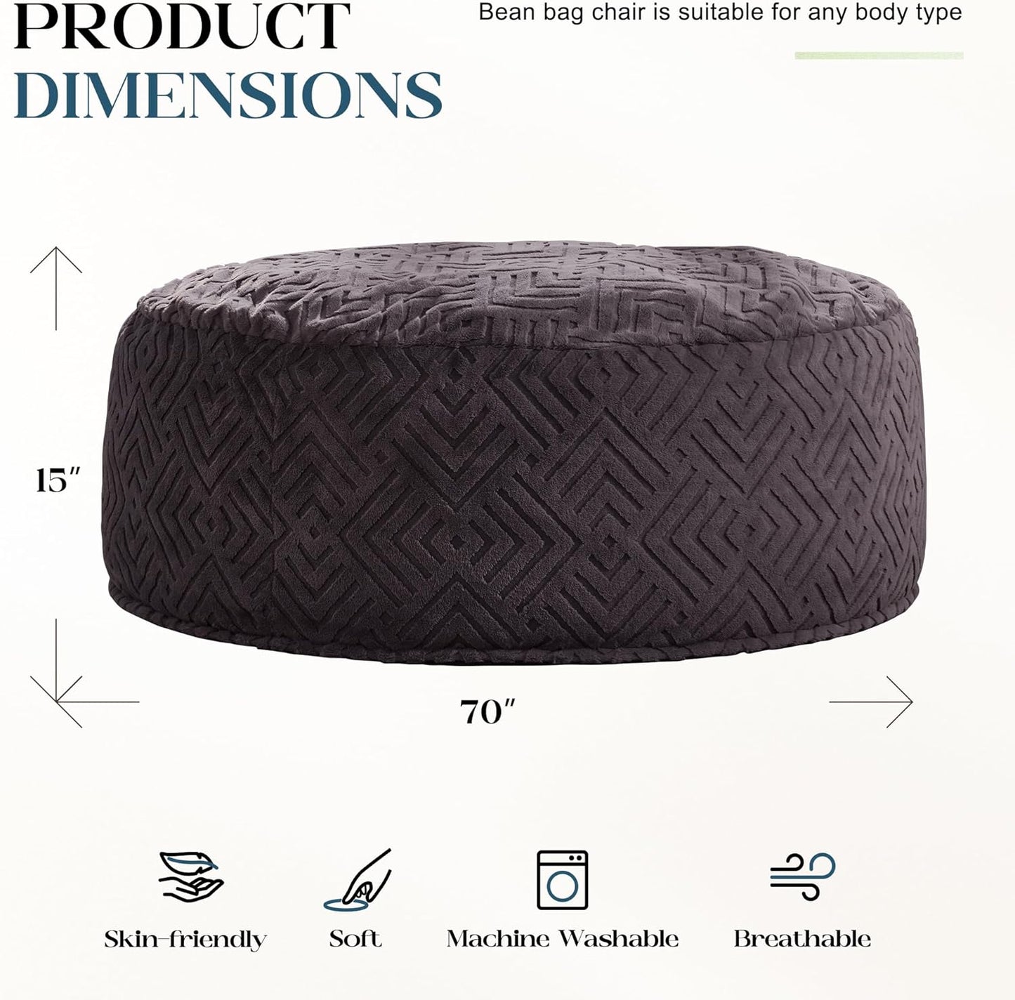 Hobestluk Bean Bag Chairs Adults Beanbag Chair with Filler Large Bean Bags with Fluffy Embossed Cover, Giant Bean Bag Chairs for Adults (Dark Grey, 6FT - 70" x 70" x 15")