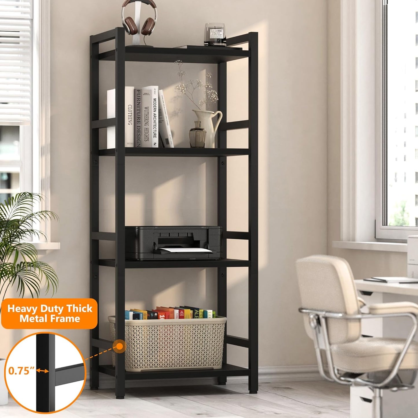 Book Shelf, 4 Tier Bookcase with Steel Frame, Stable Bookshelf Narrow Book Shelves Storage Organizer for Book CD Movie, Open Book Shelves for Living Room, Home Office, Study, Black