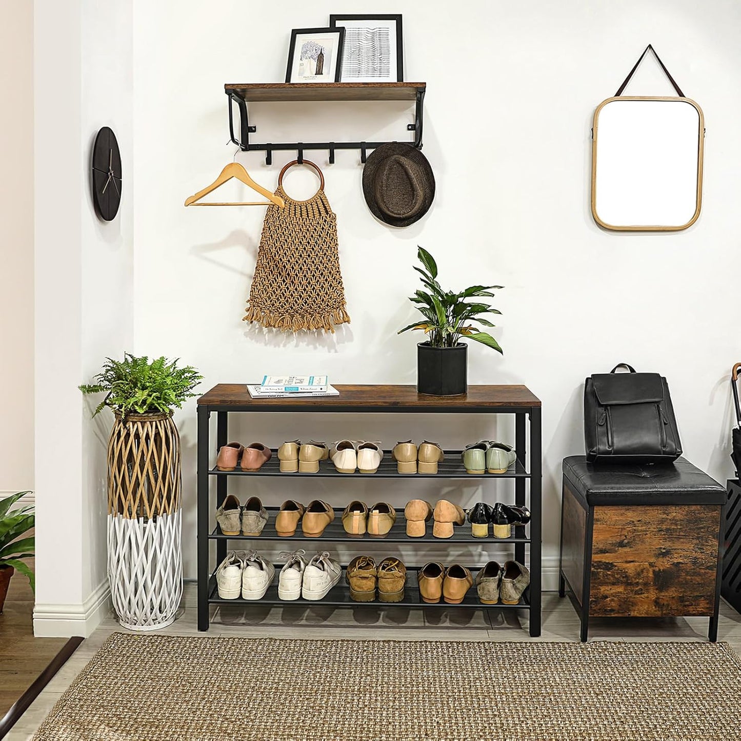 VASAGLE 4 Tier Shoe Rack, Shoe Organizer for Closet, Entryway, 16-20 Pairs of Shoes, Large Shoe Rack Organizer with 3 Metal Mesh Shelves, 11.8 x 39.4 x 28.3 Inches, Rustic Brown and Black ULBS14BX