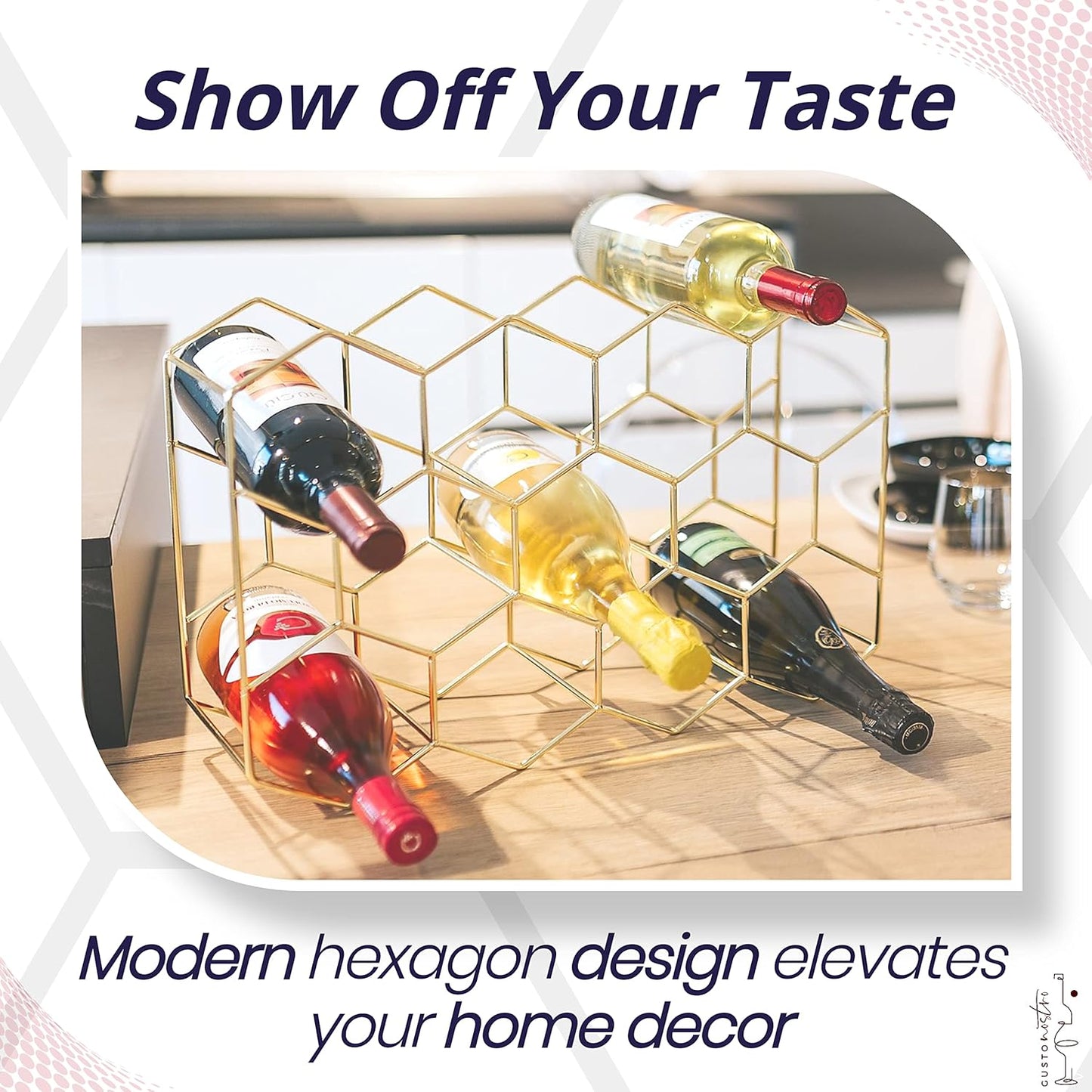 Gusto Nostro Countertop Wine Rack - 14 Bottle Freestanding Modern Gold Metal Small Wine Rack - 3 Tier Tabletop Wine Holder Stand for Cabinet, Pantry, Wine Bottle Storage - No Assembly Required